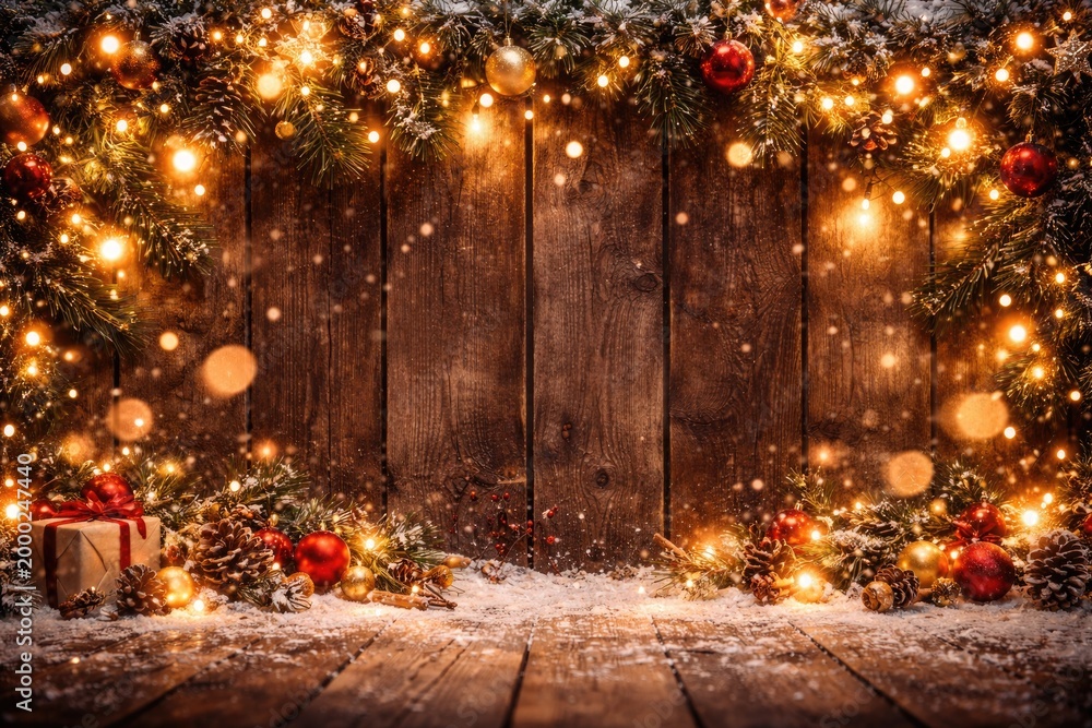 Fototapeta premium Holiday season background featuring wooden planks and glowing lights with space