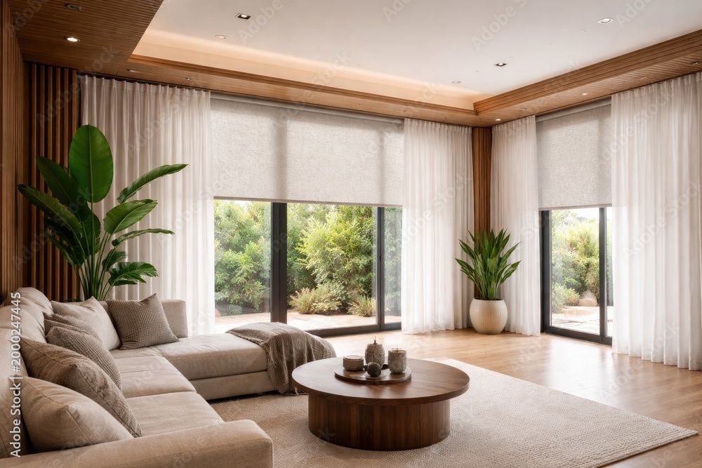 Fototapeta premium Electric curtains and expansive roller shades complementing wood decor and modern plant pots