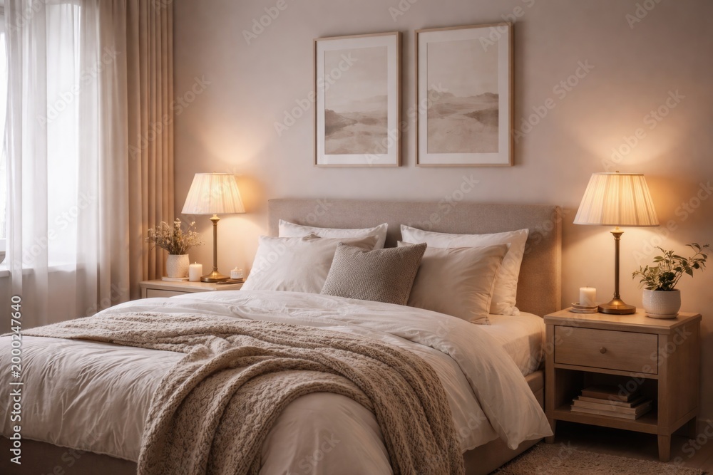 Fototapeta premium Cozy bedroom decor combining classic lampshades with minimalist style