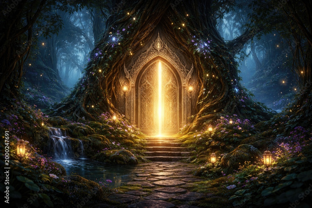 Fototapeta premium Enchanted doorway glowing within an elven forest fantasy digital artwork