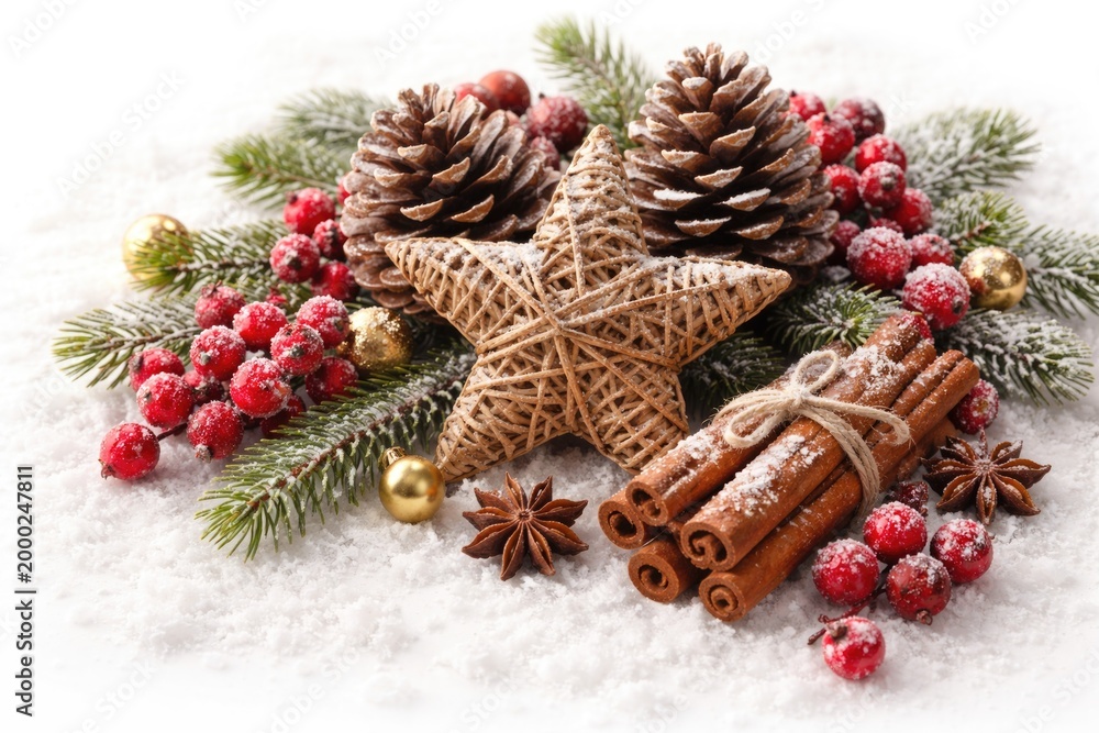 Fototapeta premium Decorative Christmas setup combining pine cones, cinnamon sticks, star figure, and berries on white background