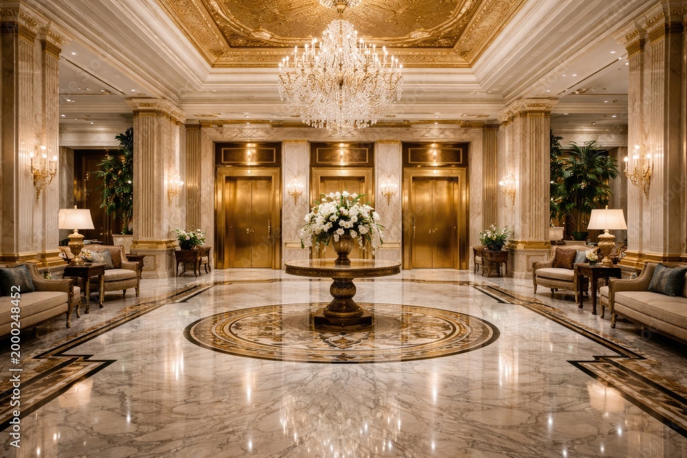 Fototapeta premium lavish hotel lobby interior with gleaming marble floors and gold trimmed elevator doors