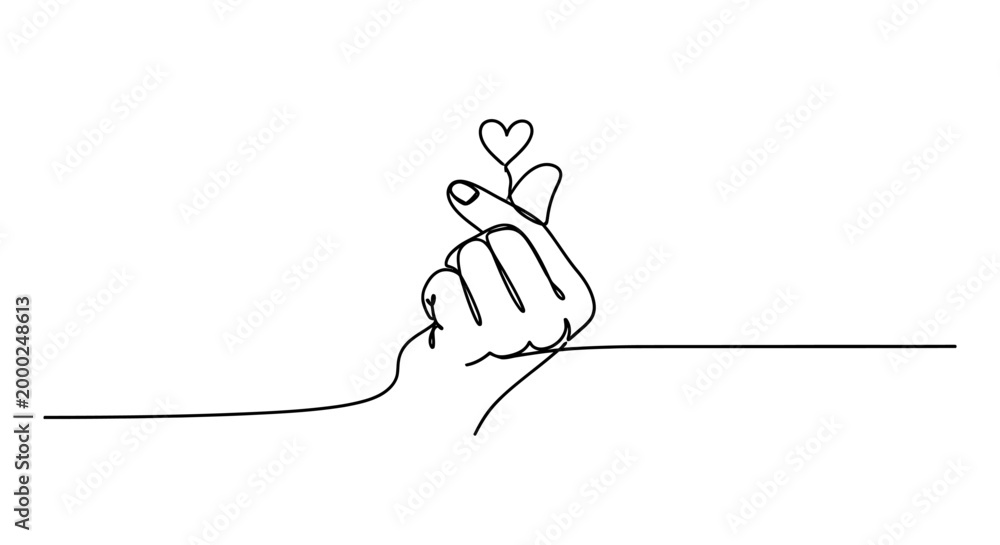 Fototapeta premium Hand gesture forming heart shape with thumb and index finger, continuous line art.