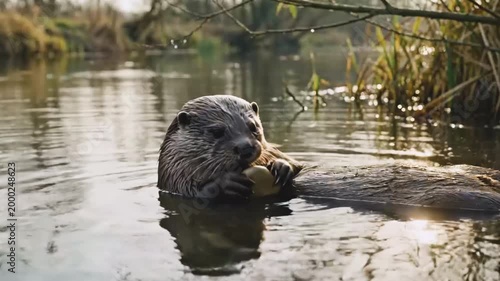 Otter floating in a calm river while holding a small rock in its paws during golden hour