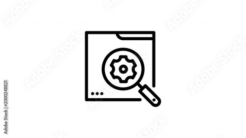 Settings magnifying glass with gear icon in a square. Suitable for tech and search related design projects.
