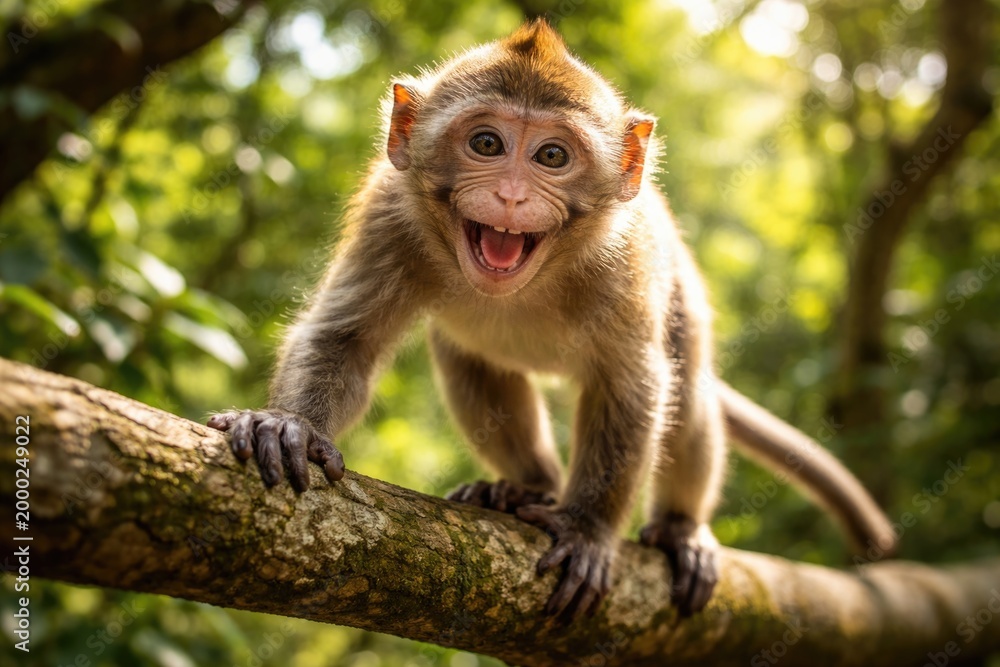 Obraz premium cheerful monkey balancing on a sturdy branch with eyes fixed on the camera