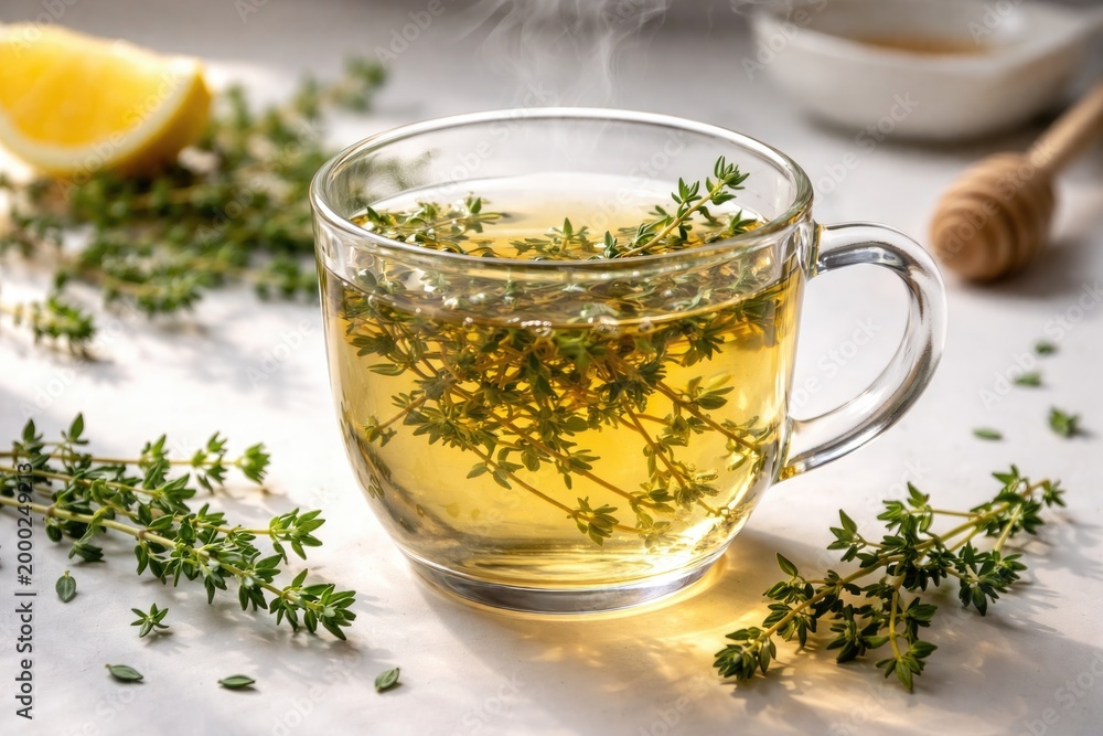 Fototapeta premium Aromatic herbal thyme drink in a transparent cup on a clean white surface
