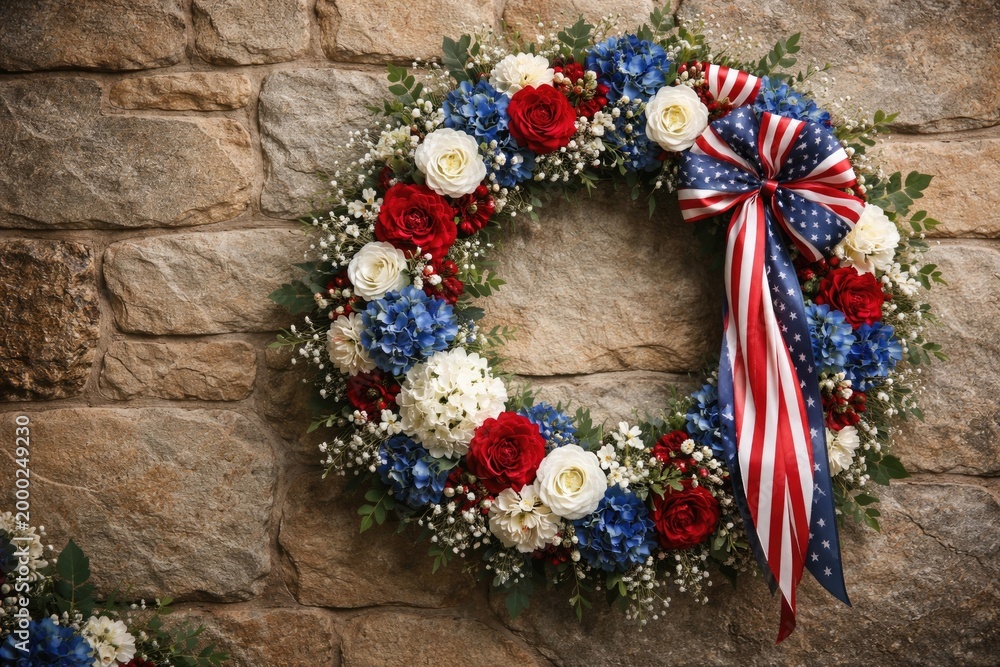 Fototapeta premium Elegant floral wreath in patriotic hues set against natural stone wall background with copy space