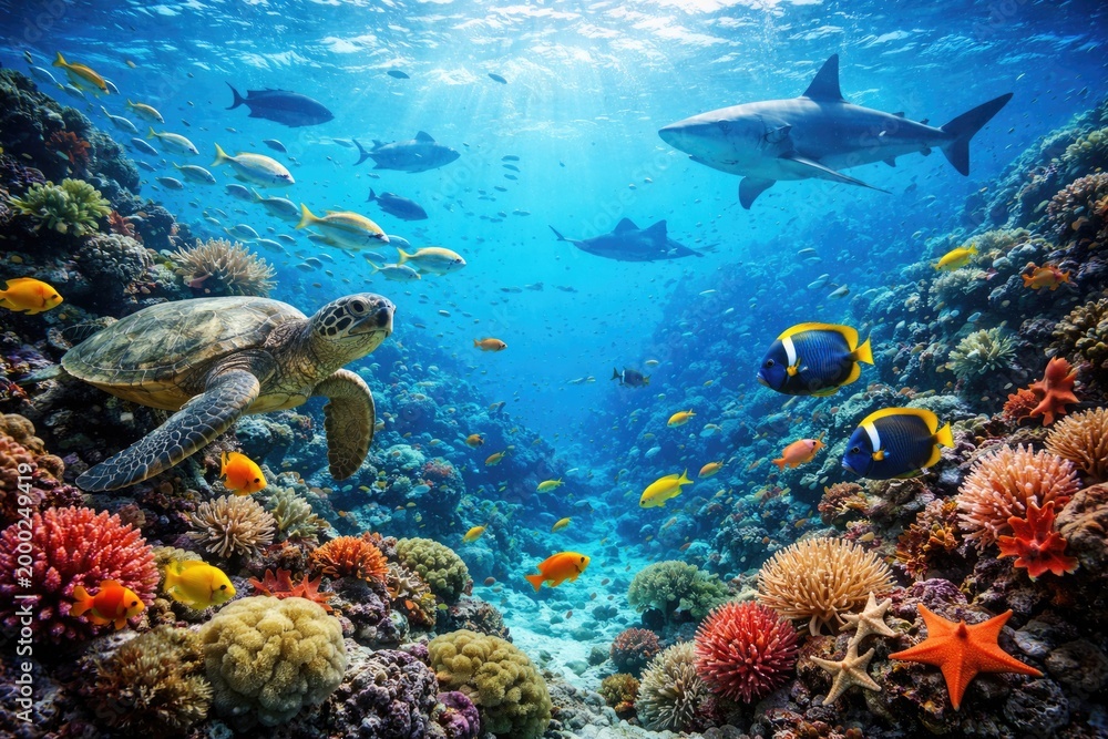Fototapeta premium Dynamic marine life composition featuring a blue aquatic backdrop