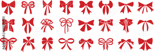 Red ribbon bow silhouette collection. Elegant hand-drawn style bows perfect for Christmas, Valentine, gift wrapping, coquette aesthetic and trendy decorations.