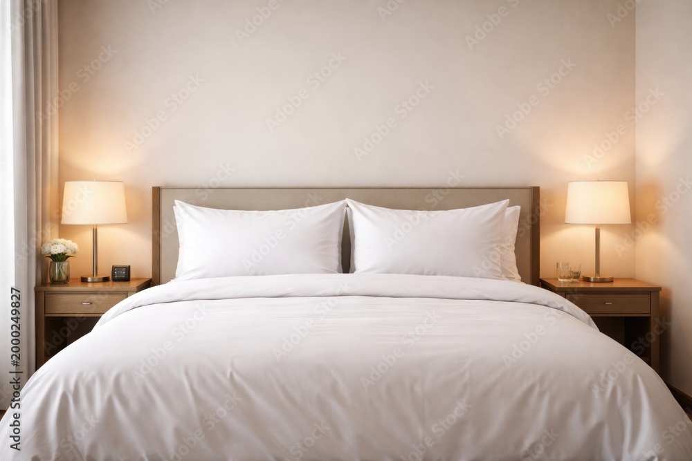 Obraz premium Cozy hotel style double bed with spotless white bed sheets and pillows and empty wall copy space for mockup