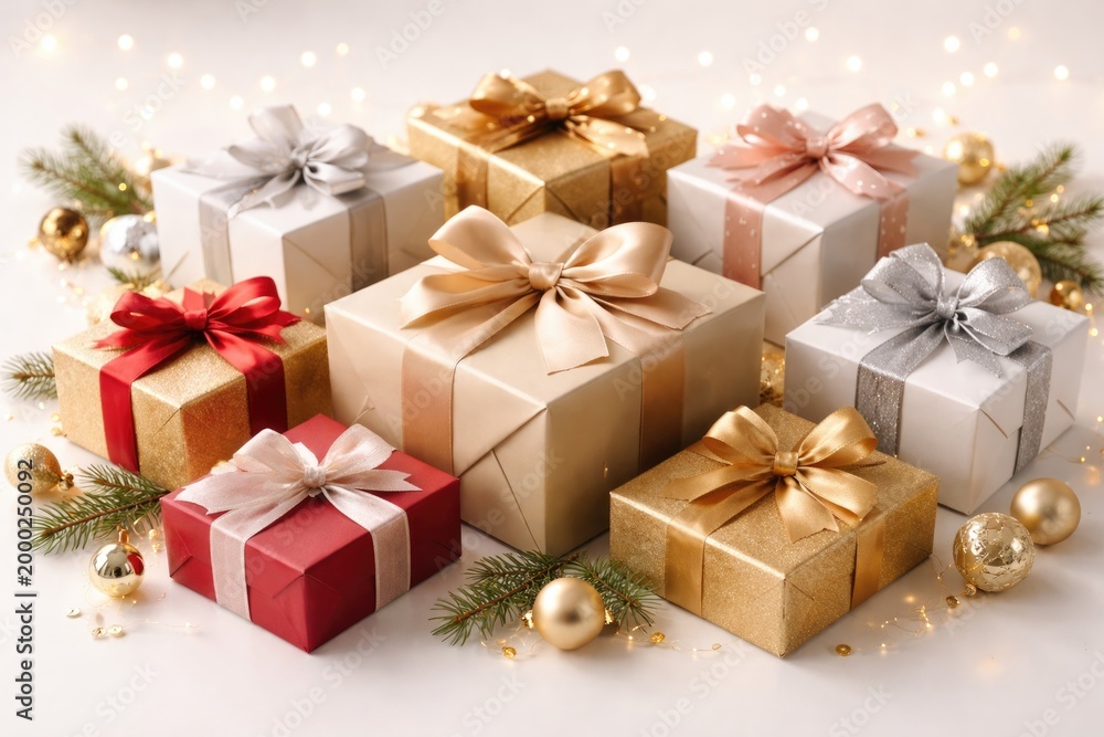 Fototapeta premium Festive gift box collection placed on a minimal white backdrop