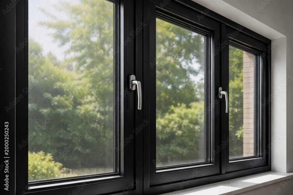 Fototapeta premium Black PVC framed windows equipped with fine mesh mosquito screen
