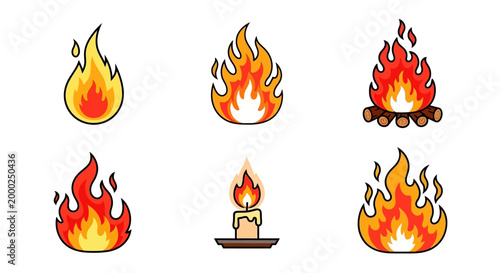 Set of cartoon fire icons - campfire, candle, flame illustrations on white background