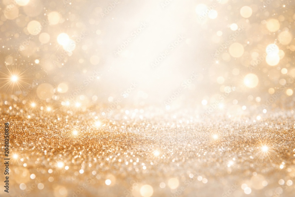 Fototapeta premium Detailed close up of radiant golden sparkles on a soft white toned background with space for text