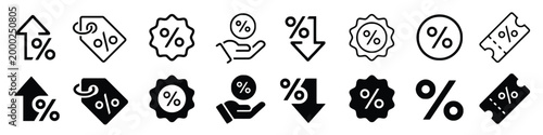 Set of percentage and discount icons including tags price labels and percentage signs.