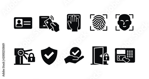 Set of security and access control icons for identification and verification systems.
