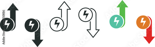 Electric power vector icon set representing energy increase and decrease indicators.