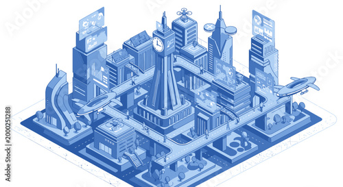 Isometric cityscape illustration with iconic landmarks and modern architecture showcasing urban development and global connectivity