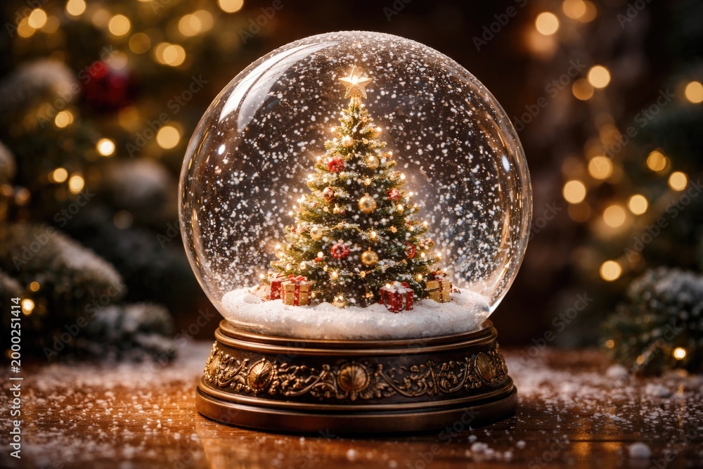 Fototapeta premium Decorative snow globe containing a small Christmas pine tree and floating snow