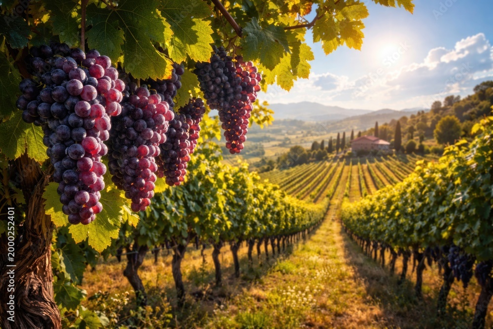 Obraz premium Scenic vineyard landscape with ripe grape clusters under a sunny sky