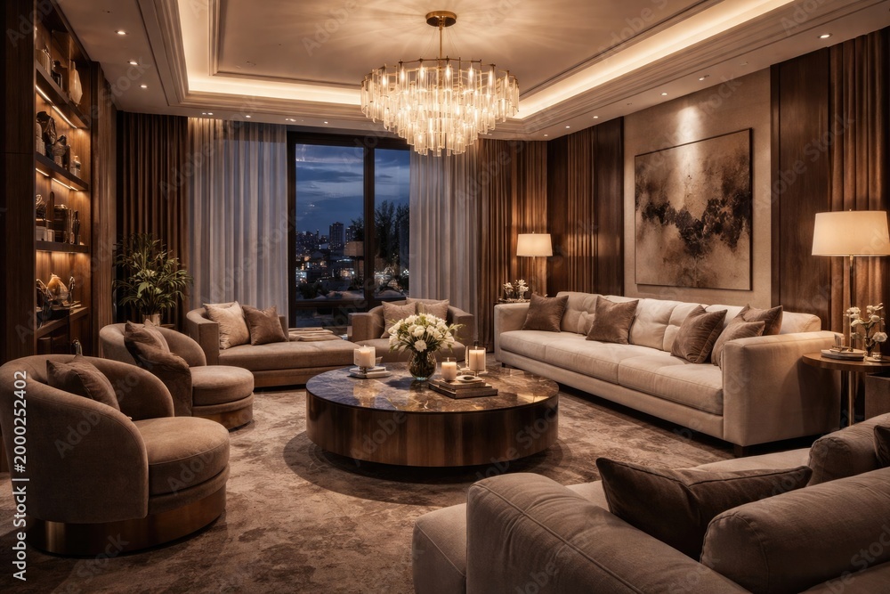Fototapeta premium Luxury living room design incorporating plush seating and ambient lighting
