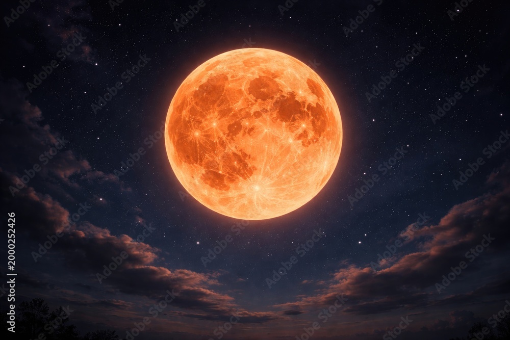 Fototapeta premium Digital artwork featuring a bold orange moon floating in a clear midnight sky