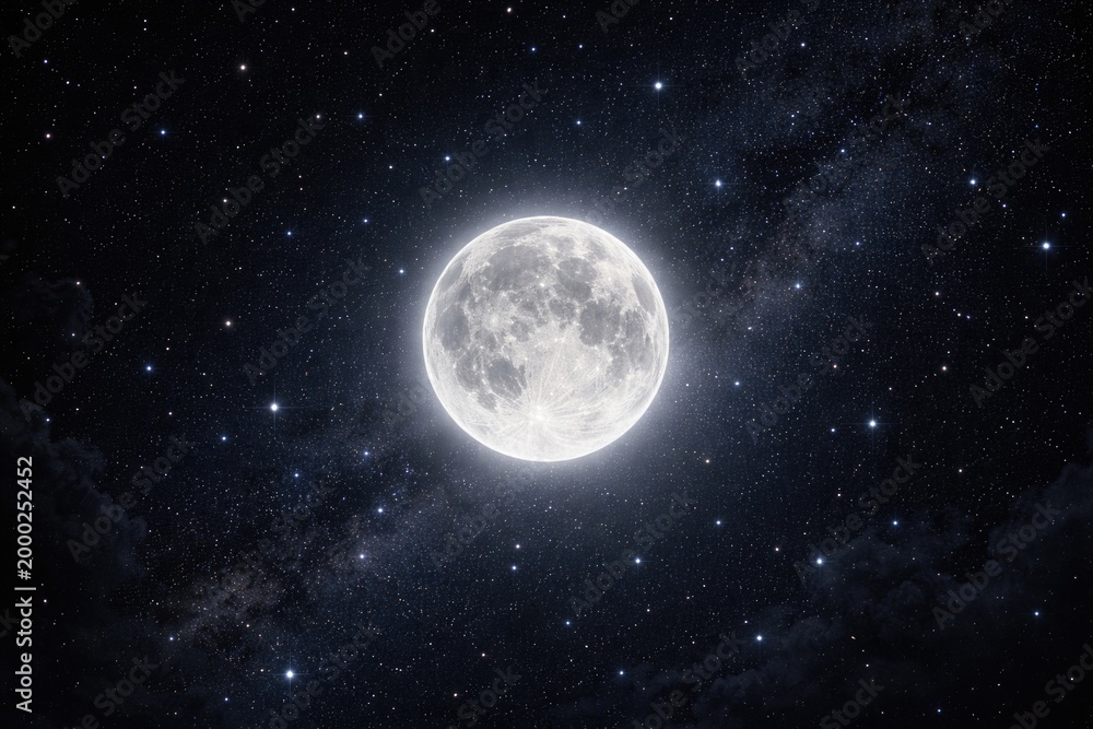 Fototapeta premium Glowing full moon surrounded by countless stars on a dark night