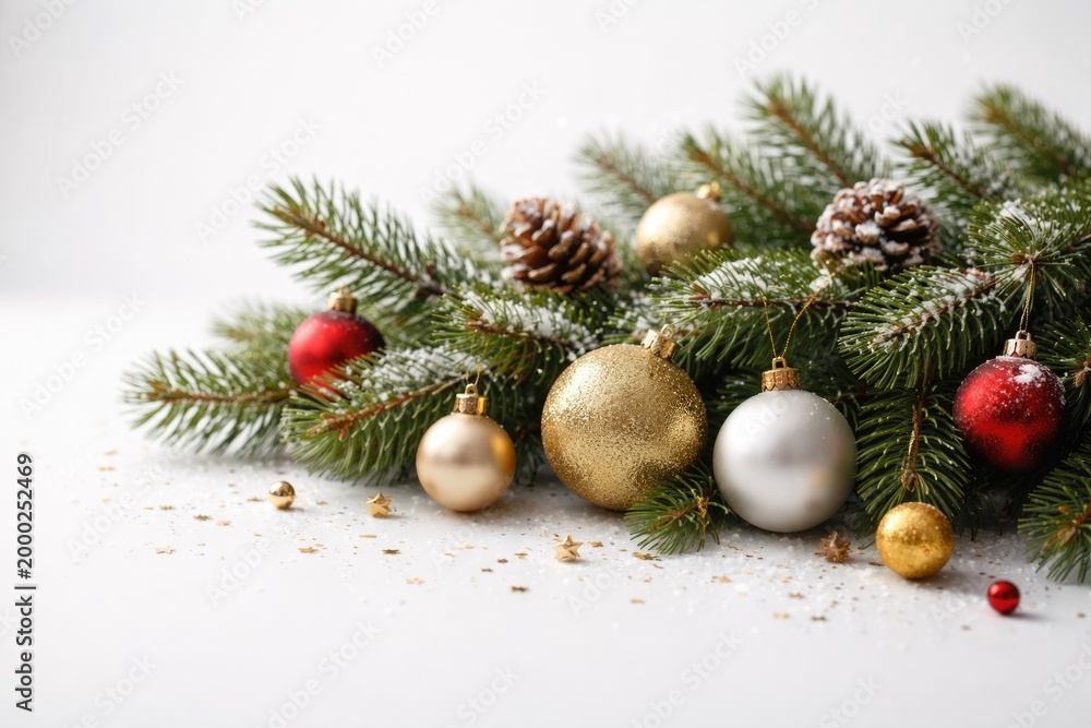 Fototapeta premium Holiday pine branch with baubles on minimalist white studio background