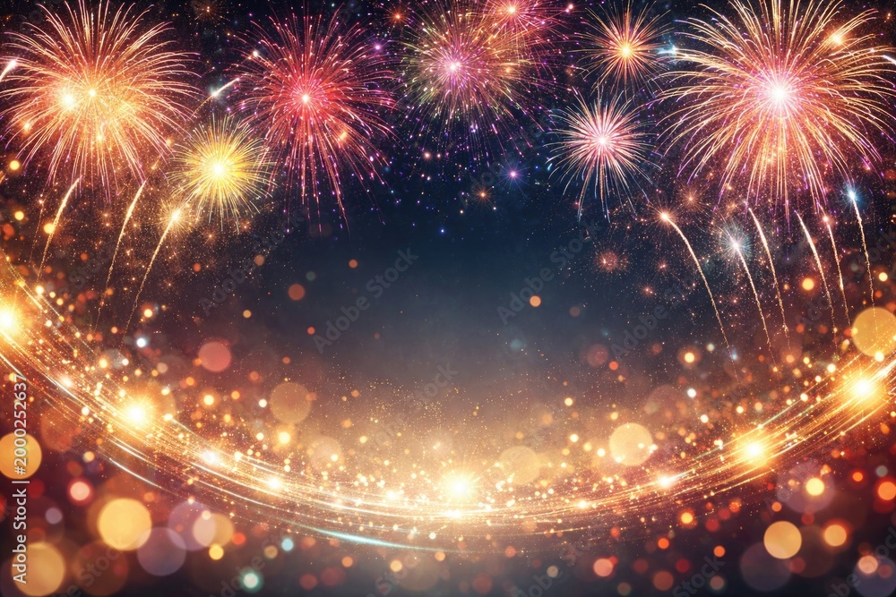 Fototapeta premium Dynamic holiday fireworks over decorative abstract backdrop with copy space