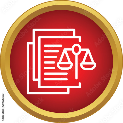 Outline icon representing law and justice on a red circle with gold border