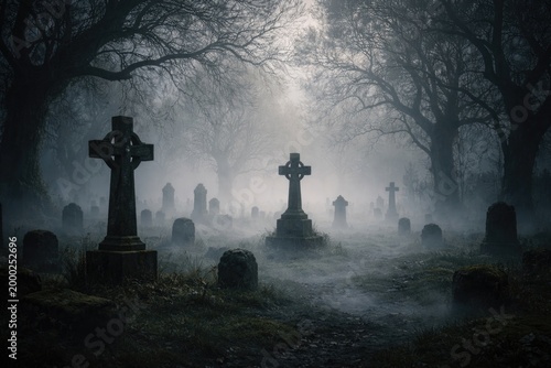 Enveloping mist covers archaic graveyard with spooky trees and towering crosses on grassy field