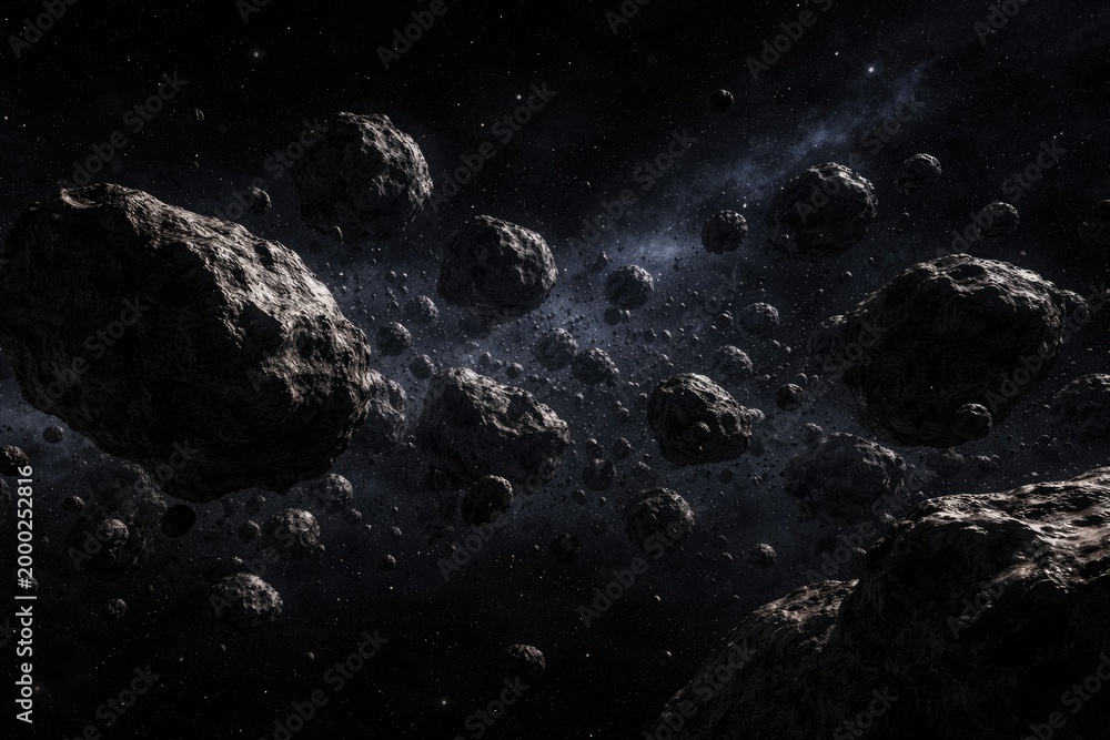 Fototapeta premium Asteroid cluster depiction with a stark black cosmic backdrop