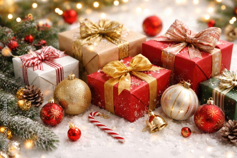 Fototapeta premium Holiday themed ornaments alongside beautifully wrapped gifts on a bright surface