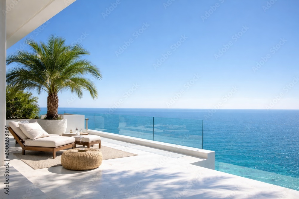 Fototapeta premium Elegant coastal terrace with potted palm tree, white flooring, ocean vista and cloudless blue sky copy space