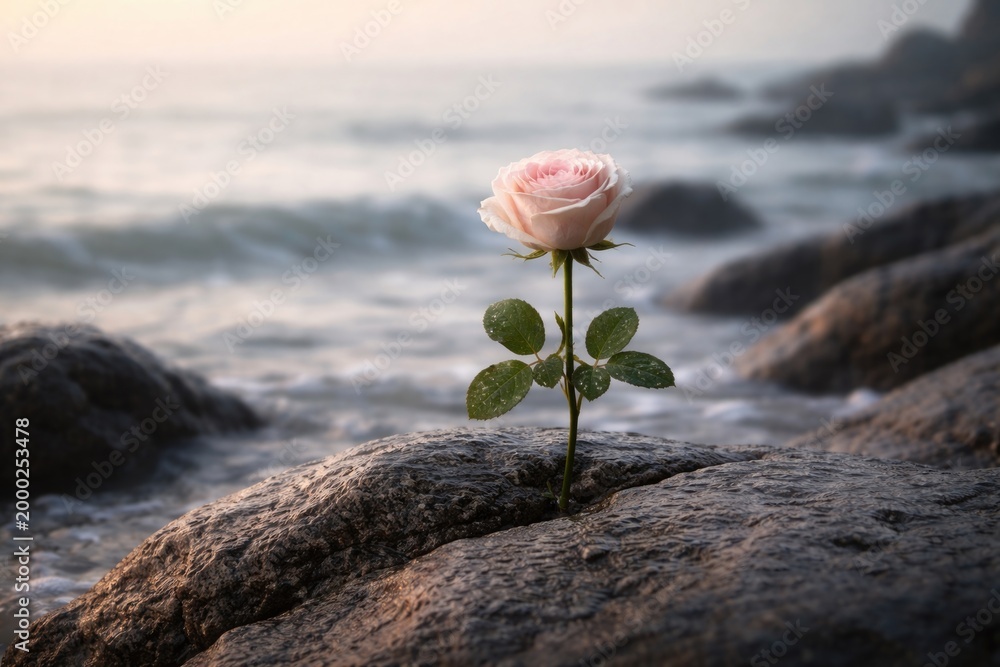 Obraz premium lone rose flower positioned on stony coastline with soft water backdrop