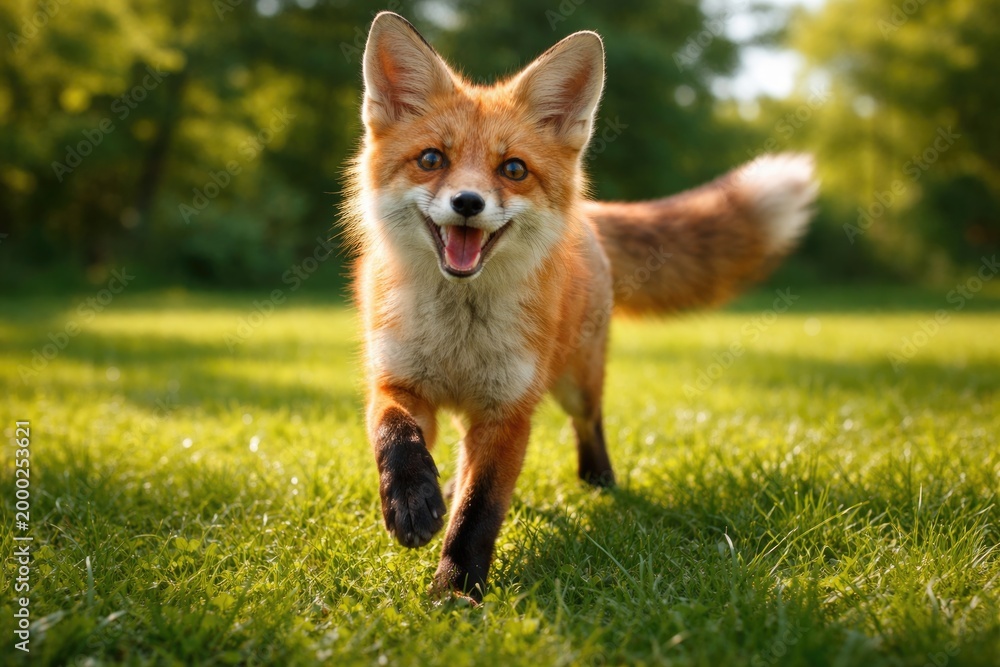 Fototapeta premium Curious red fox enjoying summer playtime on a green grassy lawn full length outdoor portrait