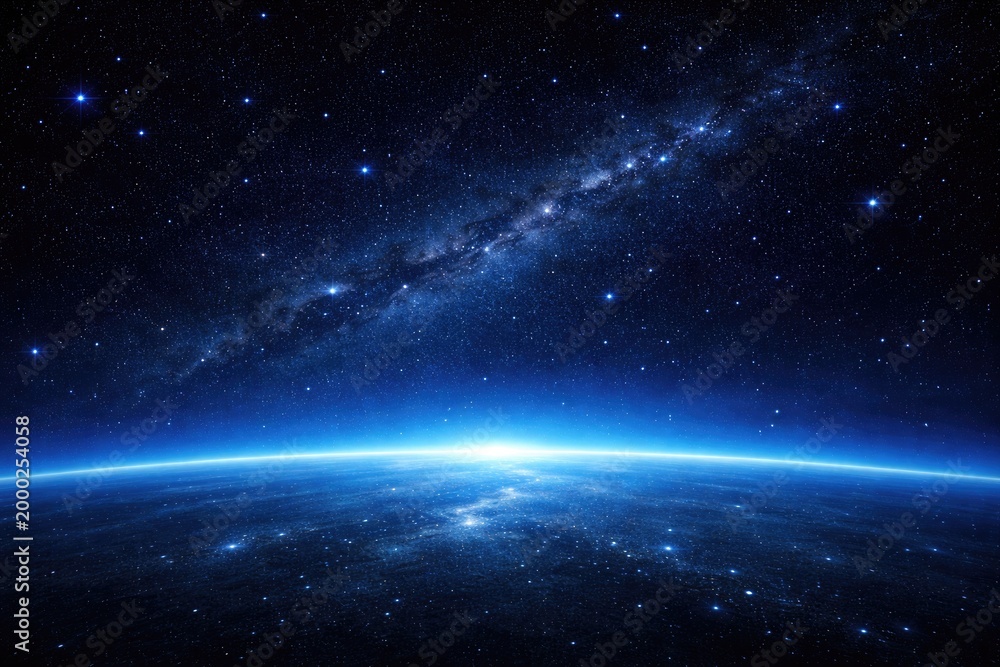 Fototapeta premium Broad cosmic scene featuring sparkling stars beneath a serene blue horizon