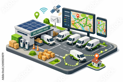 Sustainable delivery hub with electric vans and real-time gps tracking in modern logistics