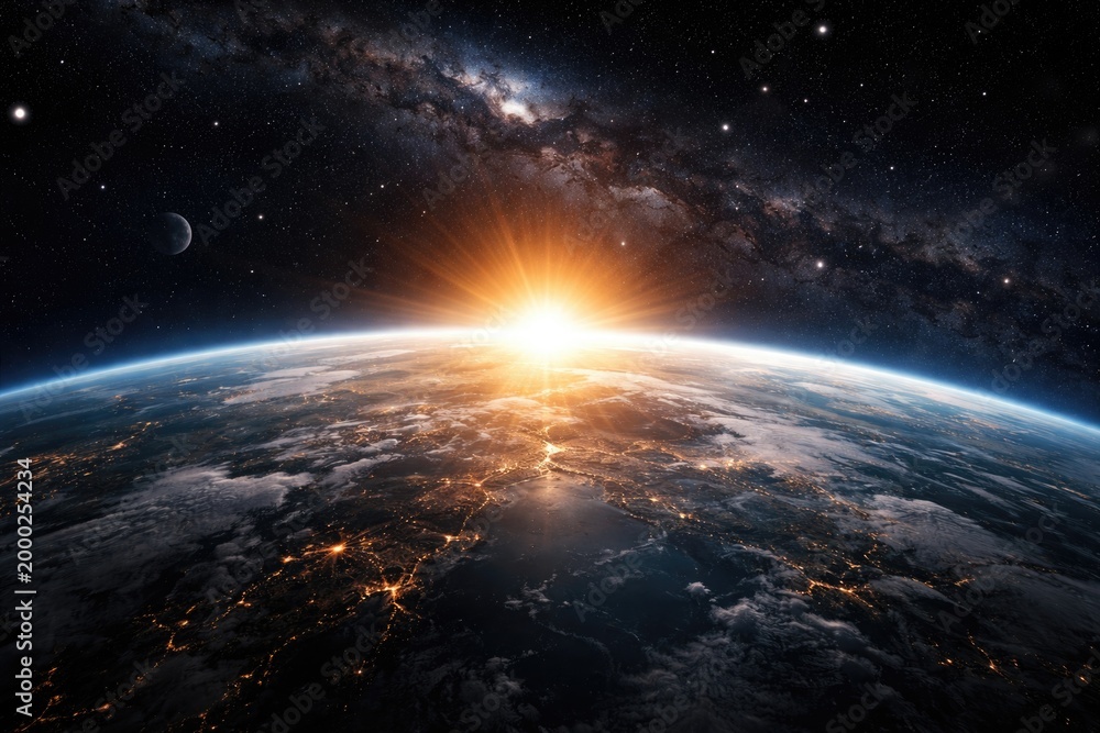 Fototapeta premium Orbital perspective showing a luminous planetary sunrise with surrounding space