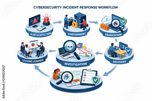 Cybersecurity incident response workflow diagram: steps of detection, containment, and recovery