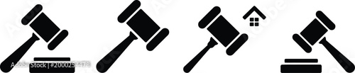 Auction hammer silhouette icon set in black style representing property bidding and real estate sales suitable for legal finance and marketplace graphics