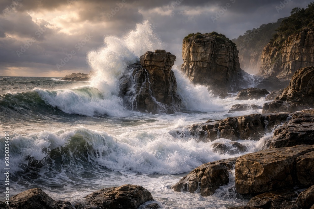 Fototapeta premium Dynamic oceanfront featuring large rock structures and intense wave energy signaling erosion vulnerability