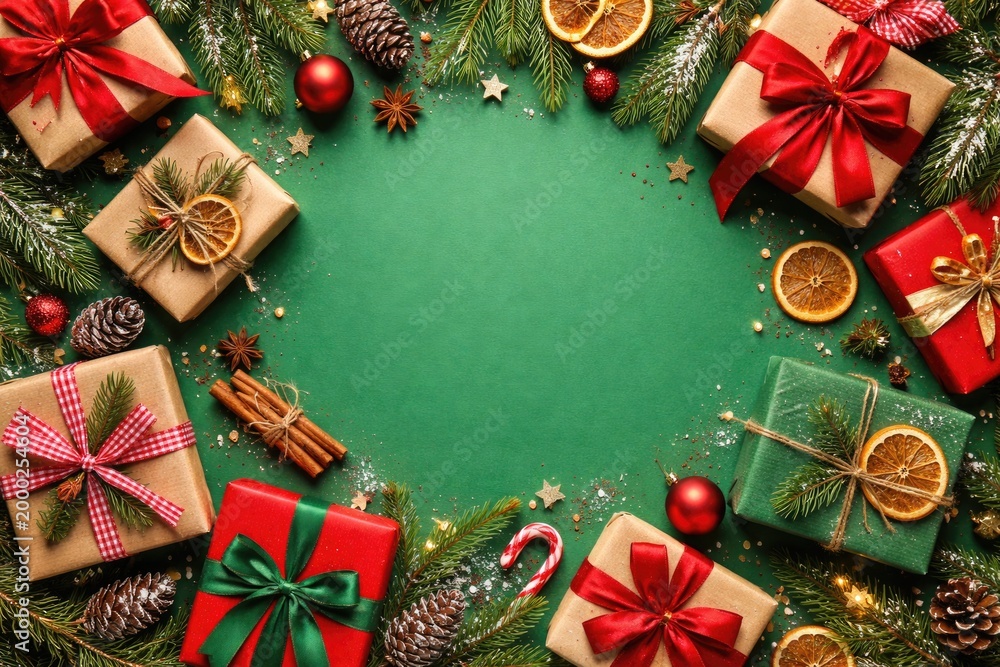 Fototapeta premium Creative overhead of wrapped gifts, pine leaves, and Christmas decorations on vivid green surface including copy space
