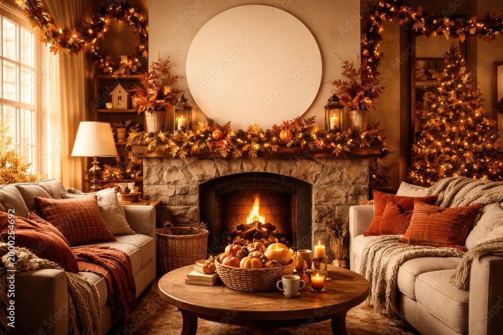 Fototapeta premium Autumn inspired cozy residence shot with festive ornaments and round blank space