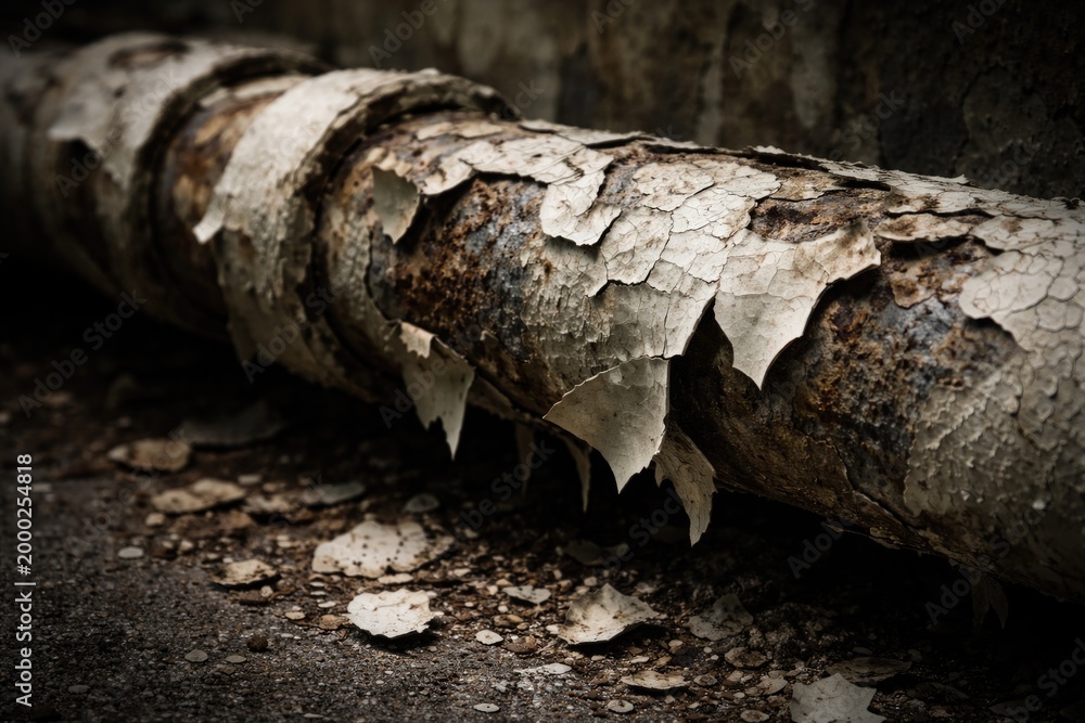 Naklejka premium Deteriorating pipe with visible peeling lead paint flakes
