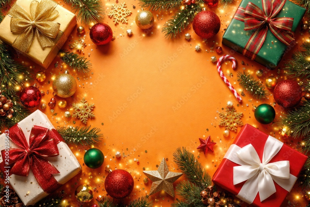 Fototapeta premium Holiday presents and radiant ornaments flat lay on vivid orange background featuring copy space