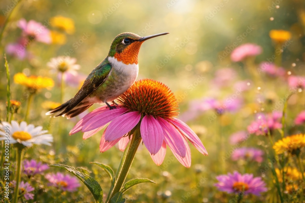 Fototapeta premium Energetic hummingbird clinging to a fresh flower in a blooming meadow