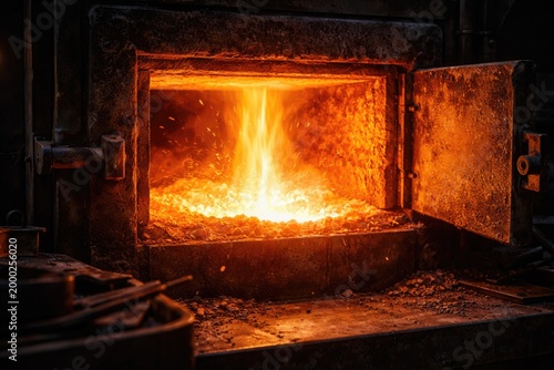 Bright fiery glow from metal melting inside an open muffle furnace