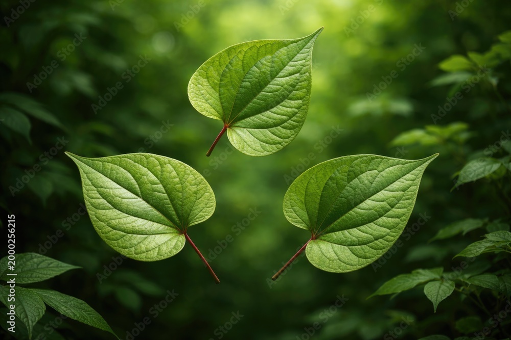 Fototapeta premium Houttuynia cordata leaves displayed individually on a rich verdant green backdrop